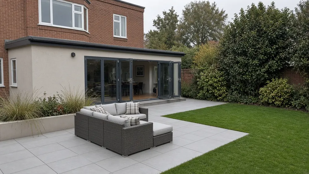 Example image: tidy patio behind a semi-detached house, the most common home in Harrowgate Hill