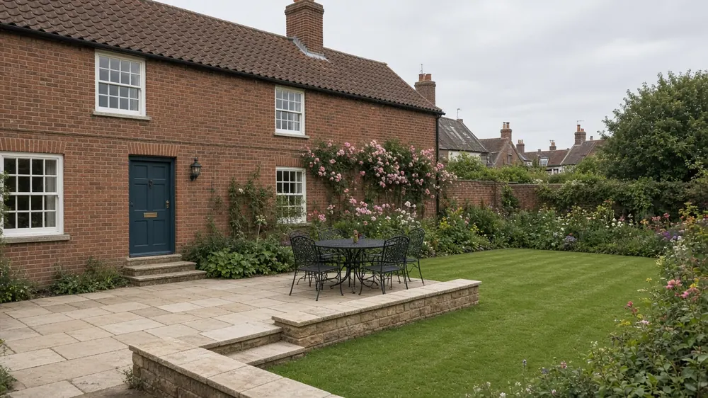 Example image: neat stone patio with planting in a compact modern garden, a layout that suits West Park