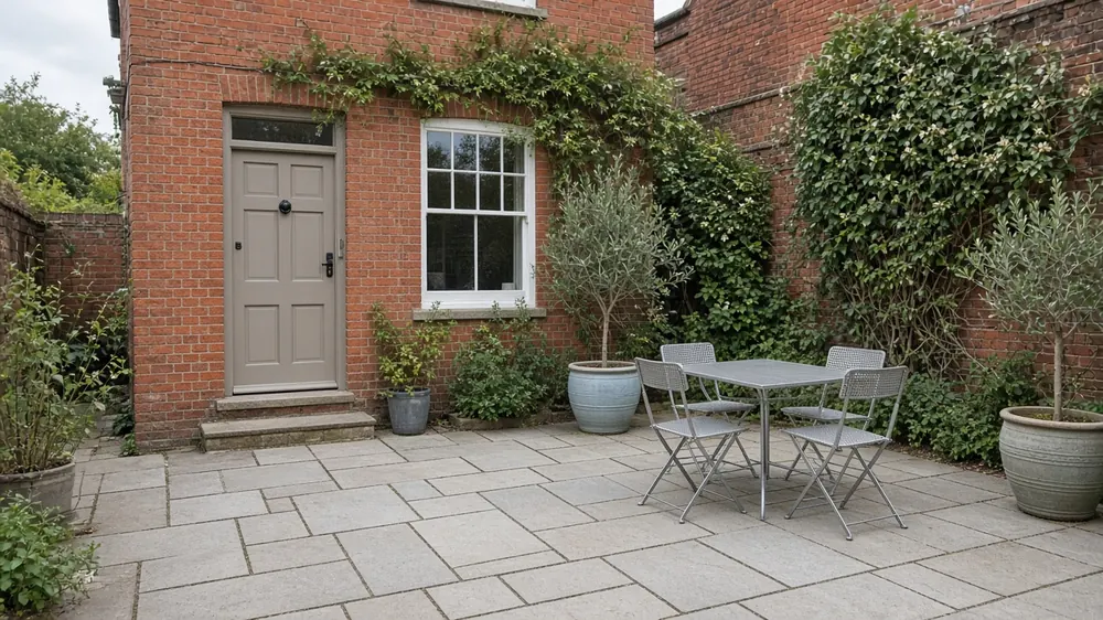 Example image: small paved yard with planters, a layout that suits Cockerton's terraced cottages