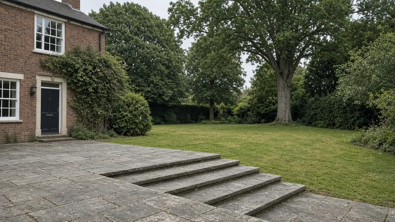 Example image: sandstone terrace with steps down to a large lawn behind a 1930s detached house in Blackwell