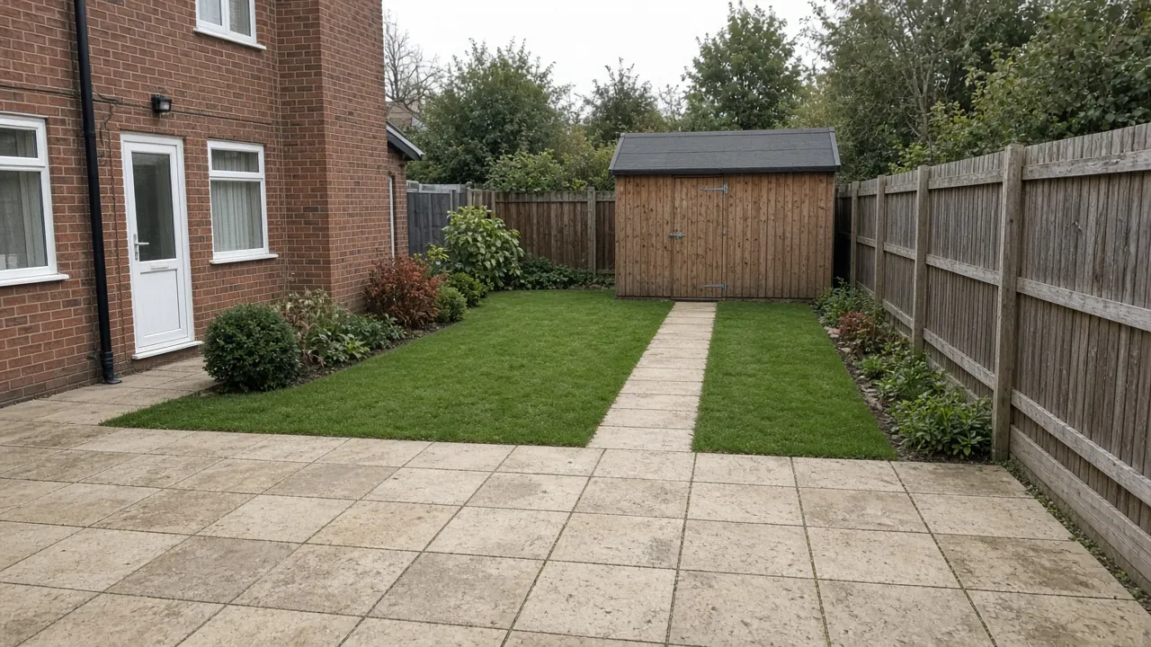 Example image: buff concrete slab patio and path behind a 1930s semi-detached house