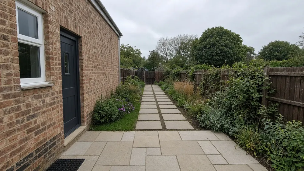 Example image: sawn sandstone patio and path across a long back garden behind an old brick house