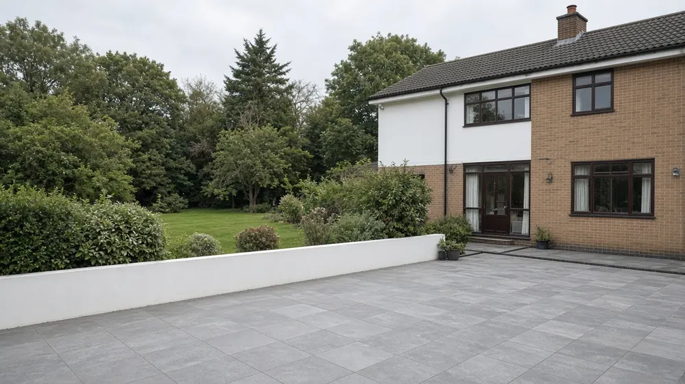 Example image: wide porcelain terrace with a low wall and planting behind a 1960s detached house
