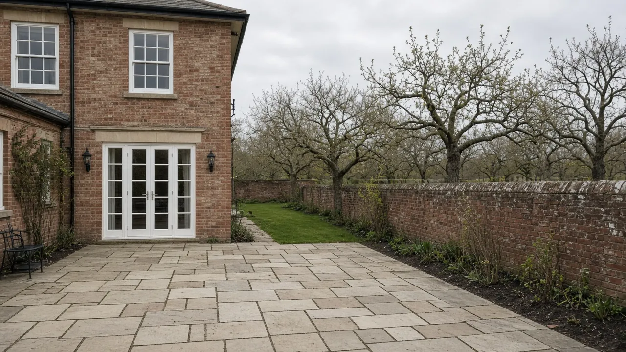 Example image: York-stone-style patio behind a Georgian brick village house with a long walled garden