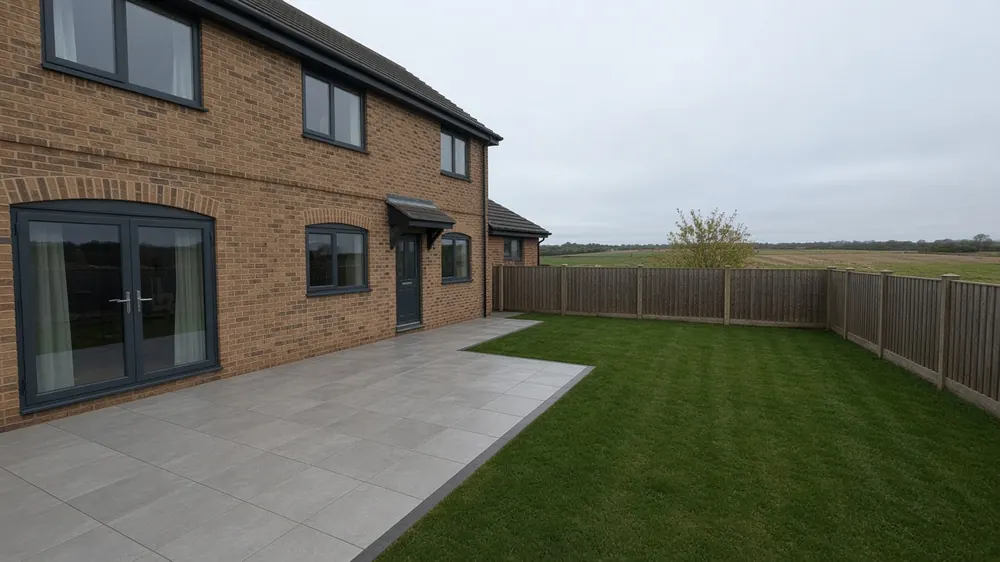 Example image: grey porcelain patio across the back of a modern detached village house