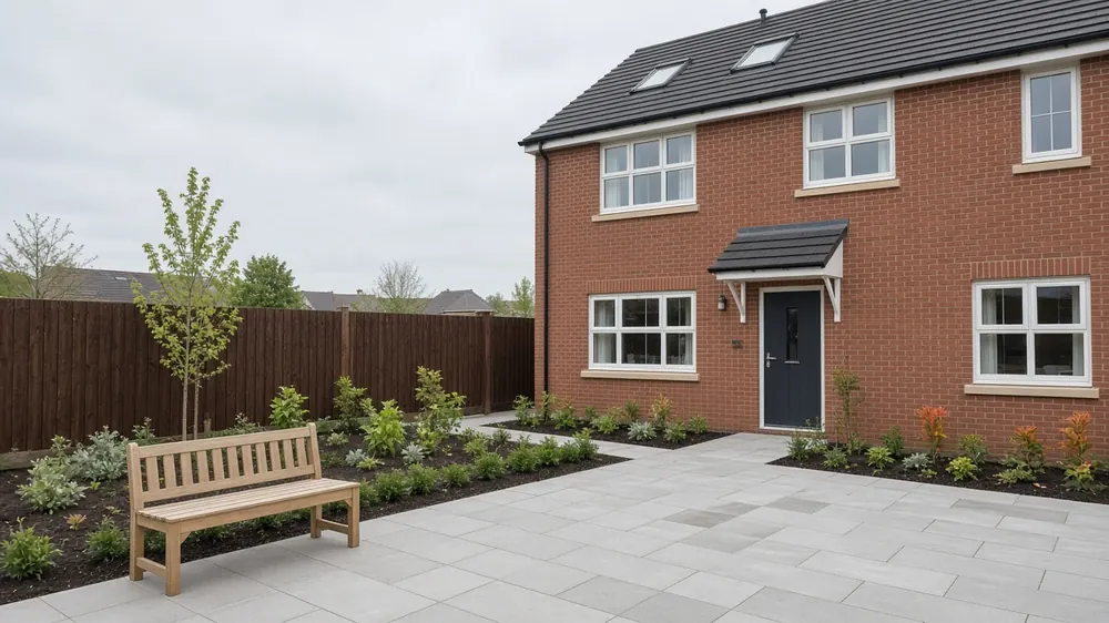 Example image: light grey porcelain patio with a timber bench behind a new-build detached house