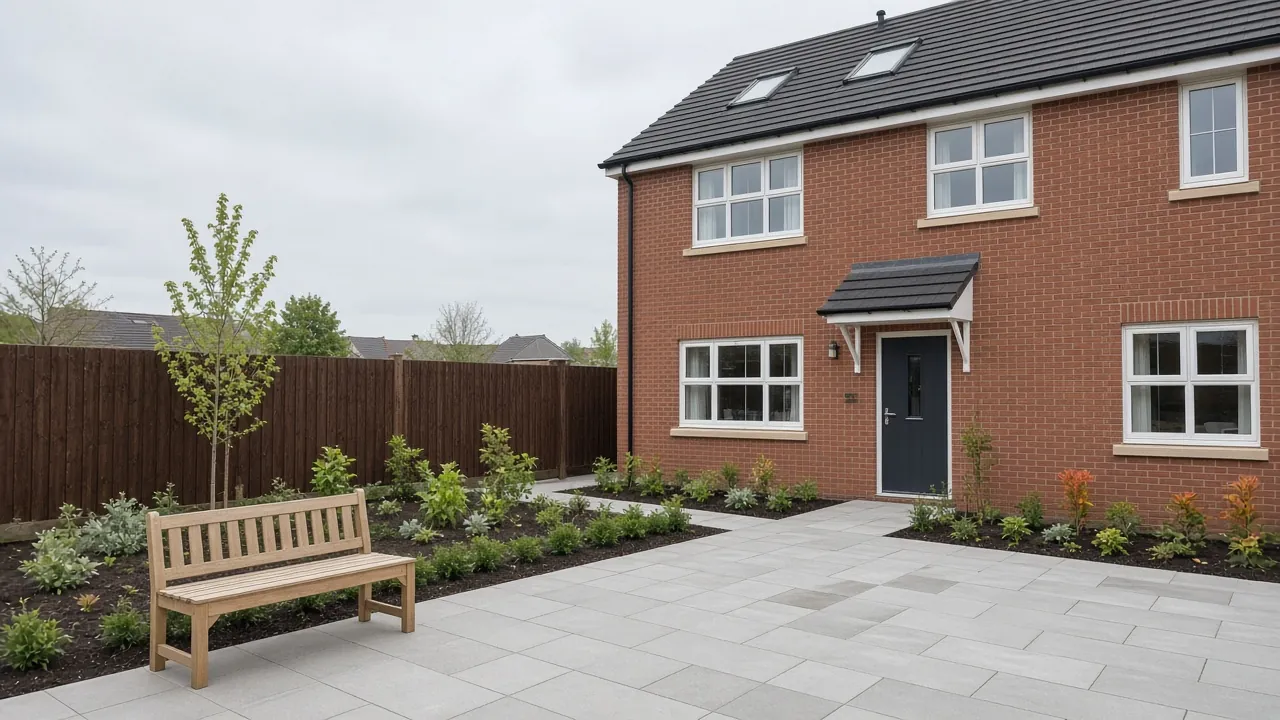 Example image: light grey porcelain patio with a timber bench behind a new-build detached house in West Park