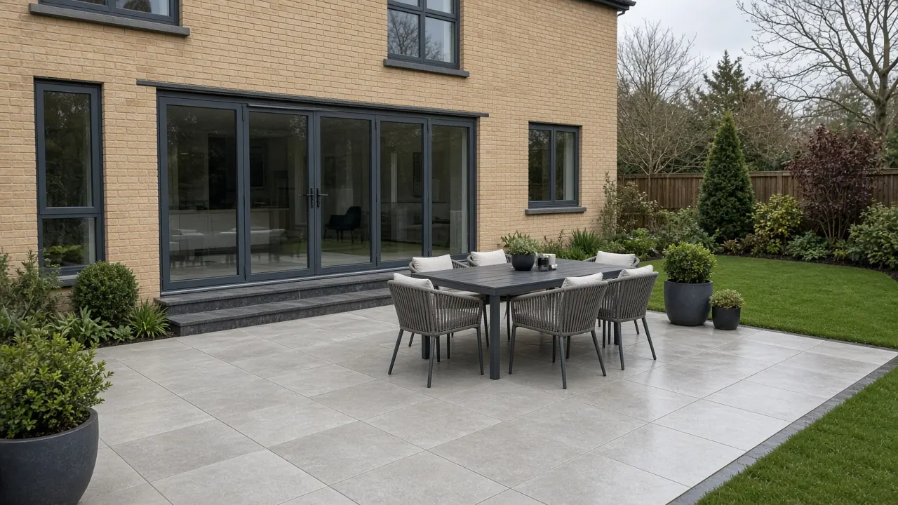 Example image: a large light grey porcelain patio outside bi-fold doors on a modern executive house