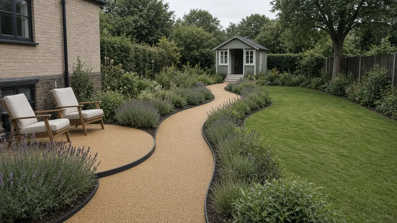 Example image: a sweeping golden resin-bound path through a mature garden to a summerhouse