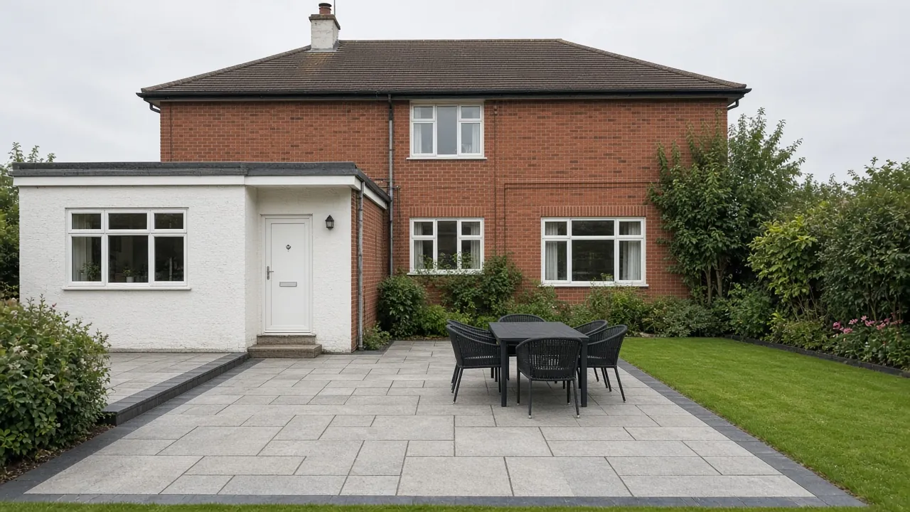 Example image: a textured grey slab patio with a charcoal border and dining set behind a 1930s detached house