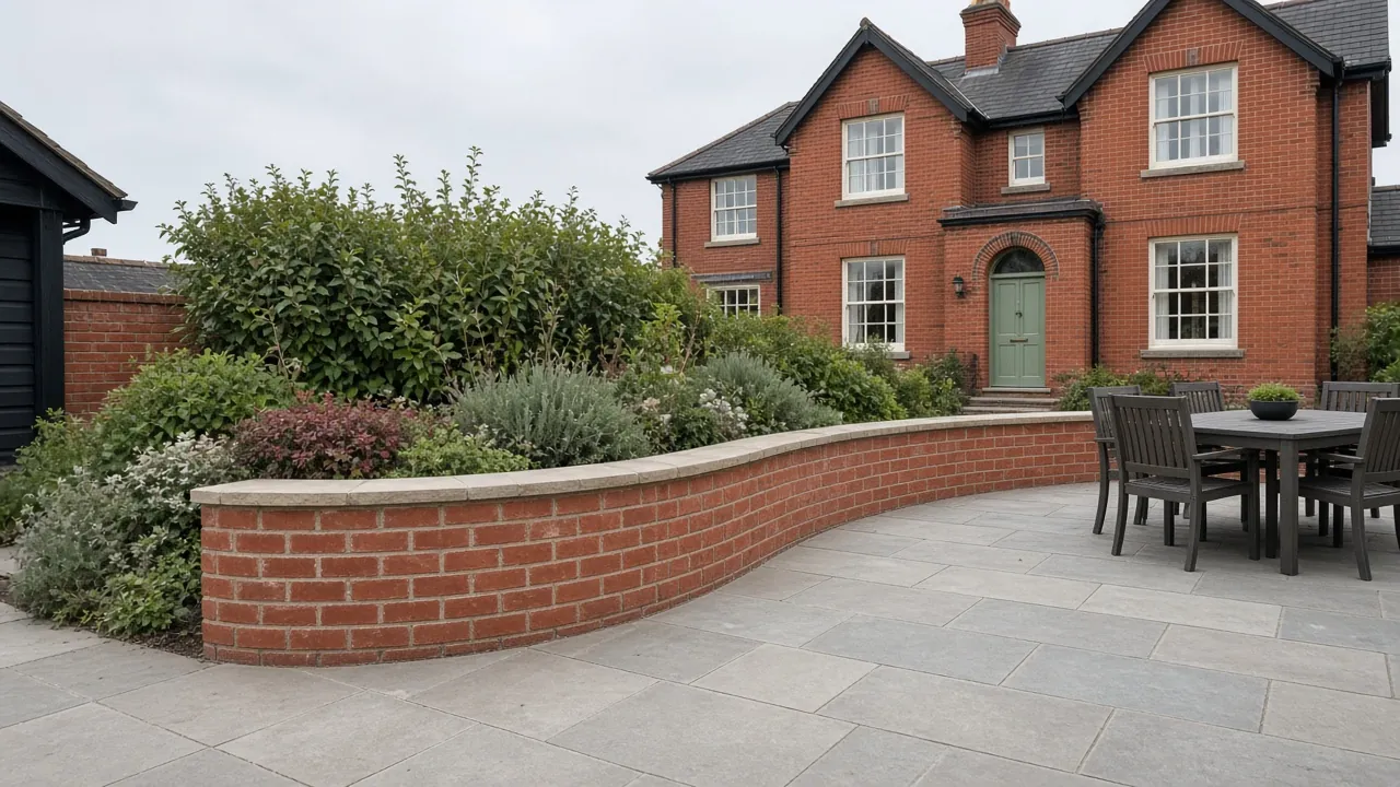 Example image: a low curved brick wall with a stone coping edging a sandstone terrace, with a raised planted bed behind